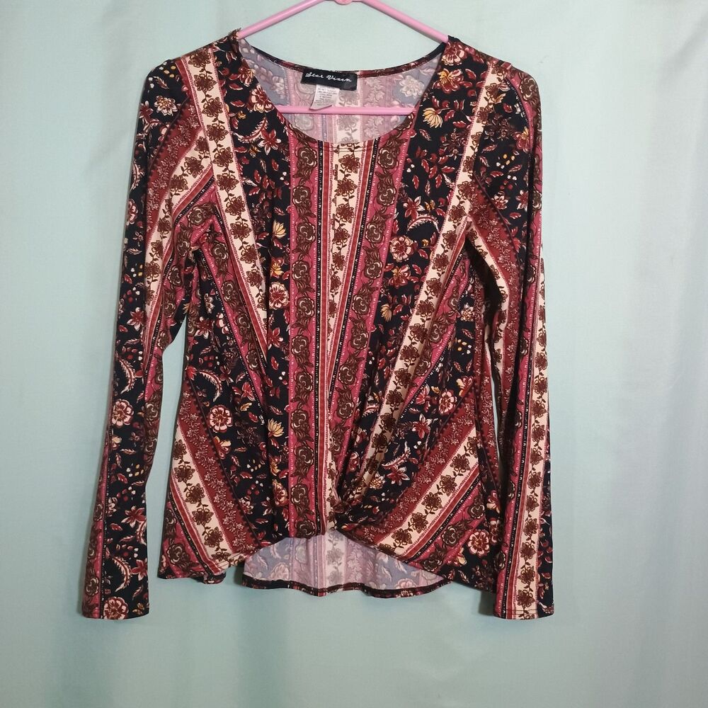 Women’s Boho Paisley Floral Print Top – Long Sleeve Twist Front Blouse